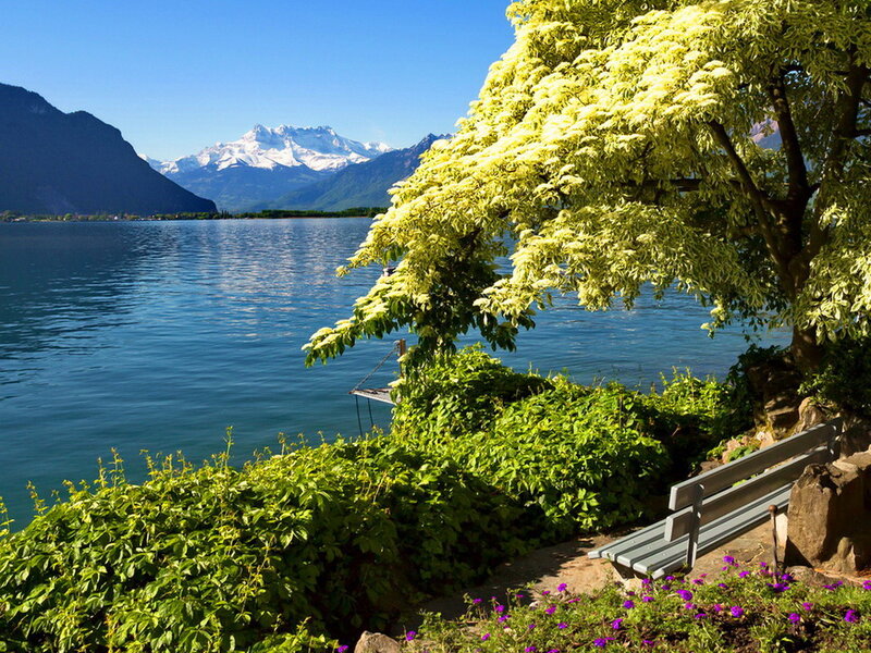 Bench by Lake and Mountains — Blue