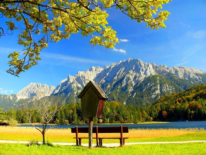 Bench by Lake and Mountains — Green