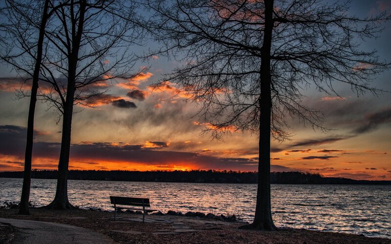 Bench by Lake at Sunset — Orange, Serene