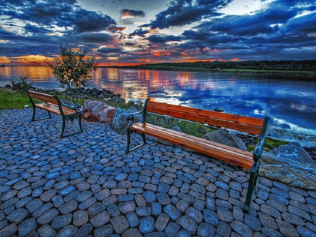 Bench by the water at sunset