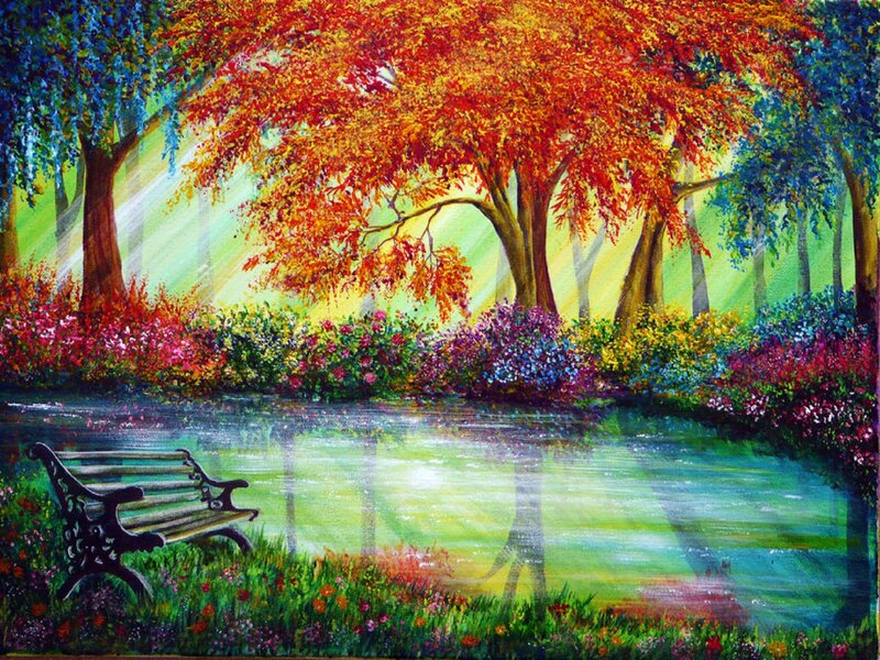 Bench in Autumn Park — Red, Serene