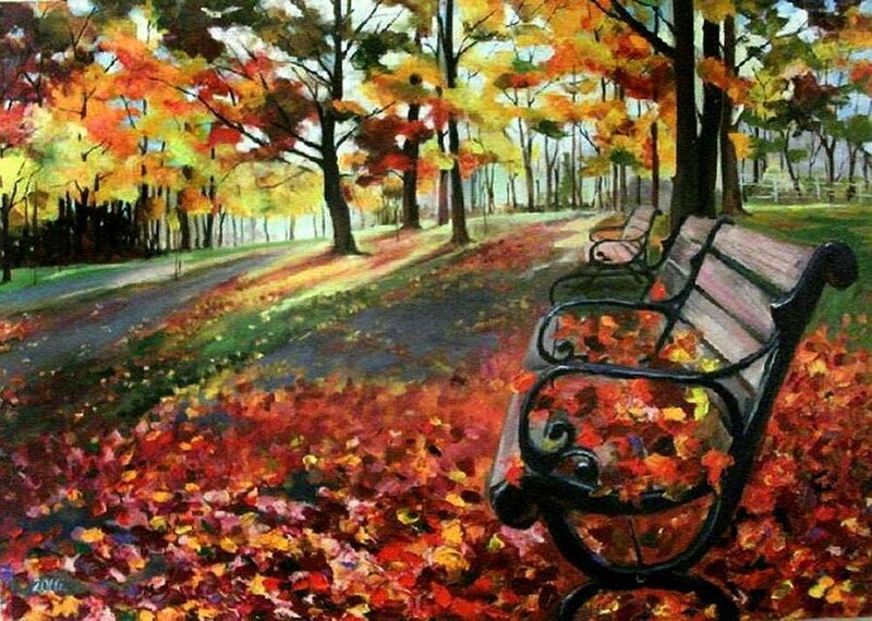 Bench in Autumn Park — Red