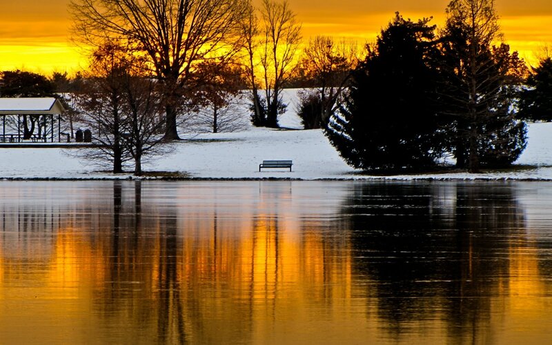 Bench in Snowy Park — Yellow, Serene, Sunset