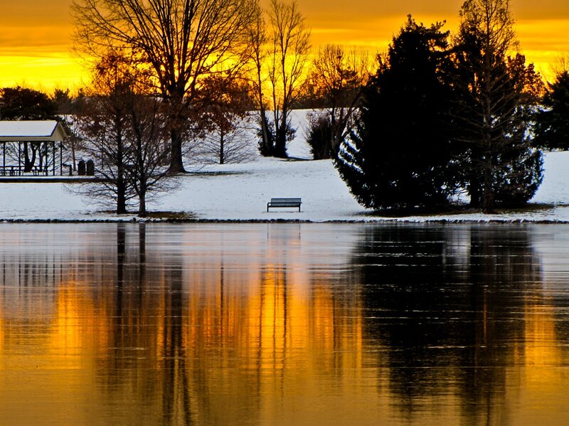 Bench in Snowy Park — Yellow