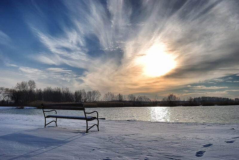Bench on Snowy Shore — Blue