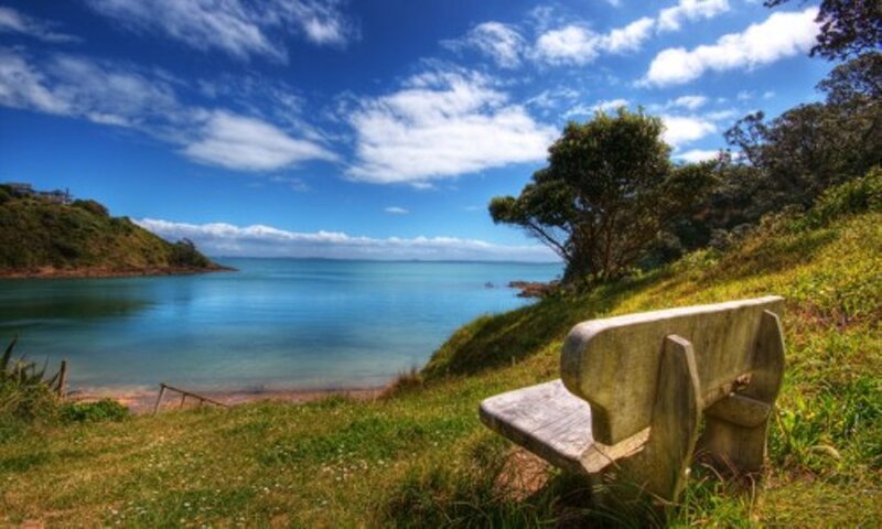 Bench overlooking a coastal bay