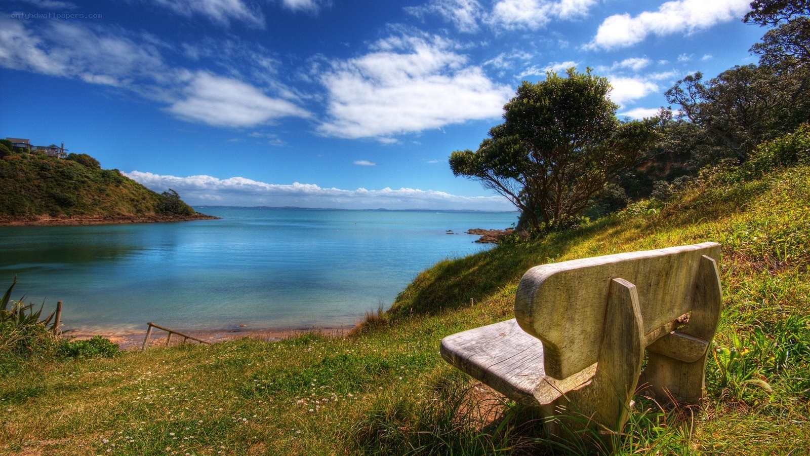 Bench overlooking a coastal bay