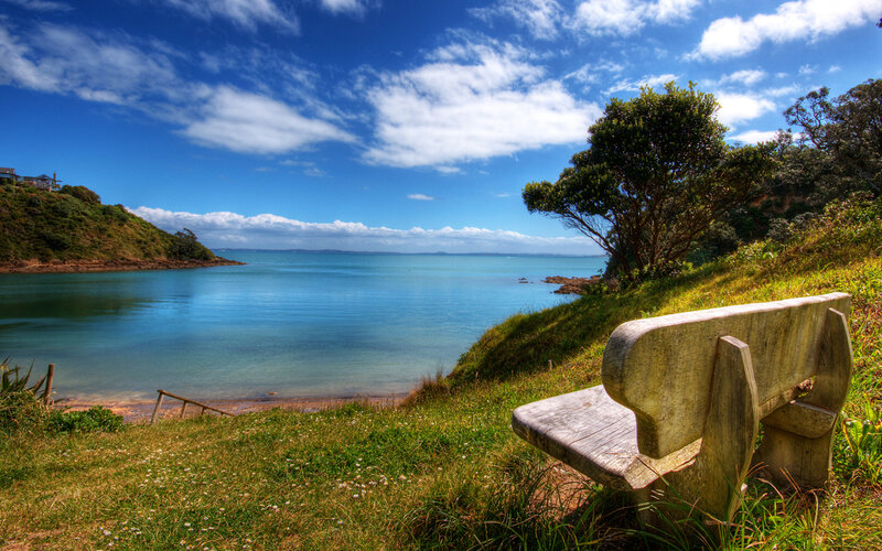 Bench overlooking a coastal bay
