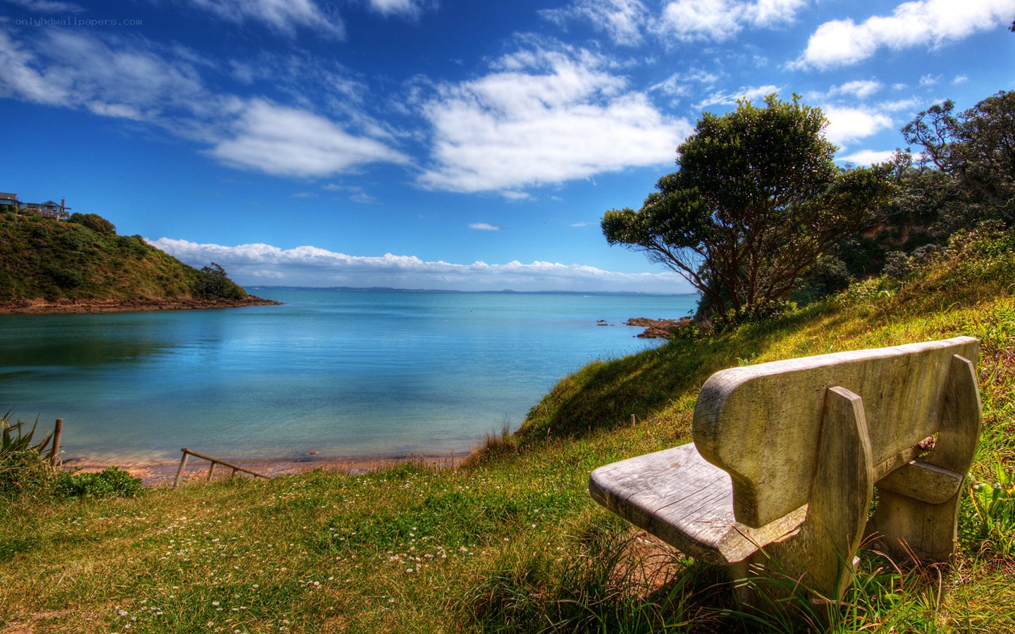 Bench overlooking a coastal bay