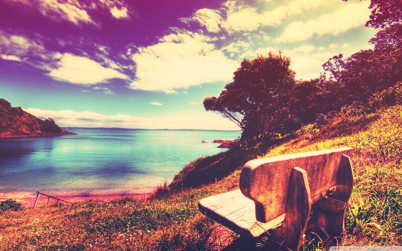Bench overlooking a coastal bay