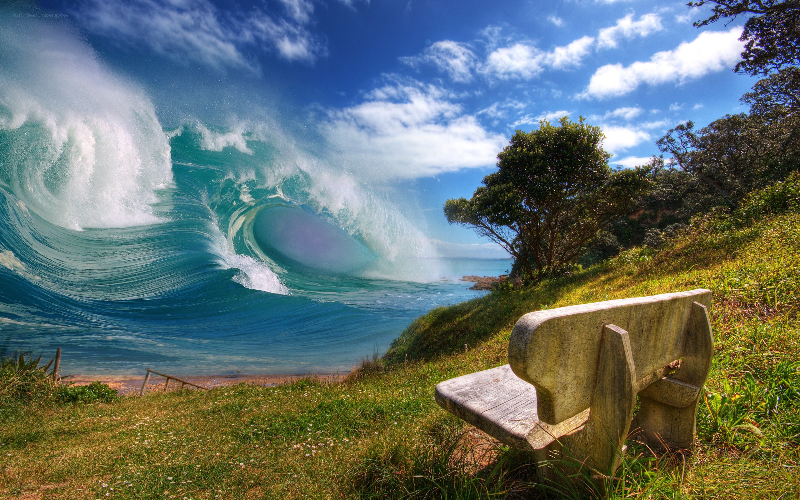 Bench overlooking a massive wave