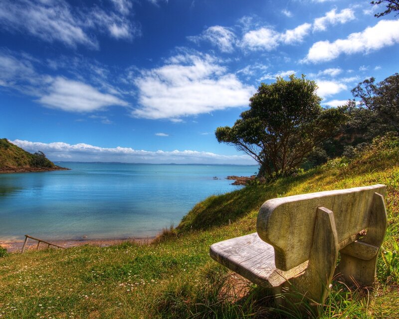 Bench overlooking coastal bay