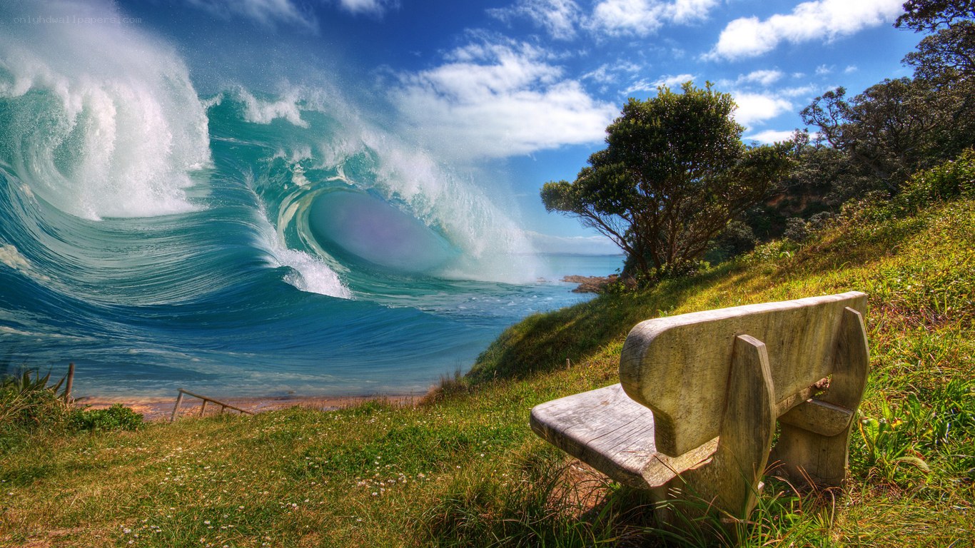 Bench overlooking giant wave