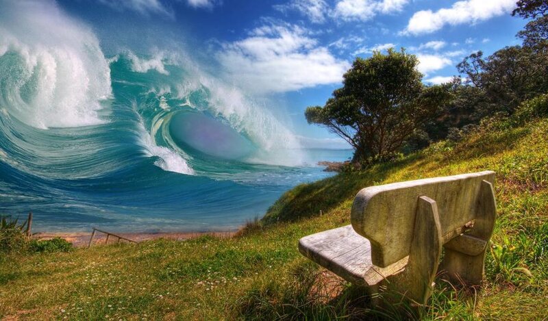 Bench overlooking ocean wave