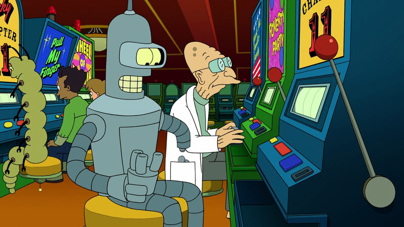 Bender and Professor Farnsworth in a casino