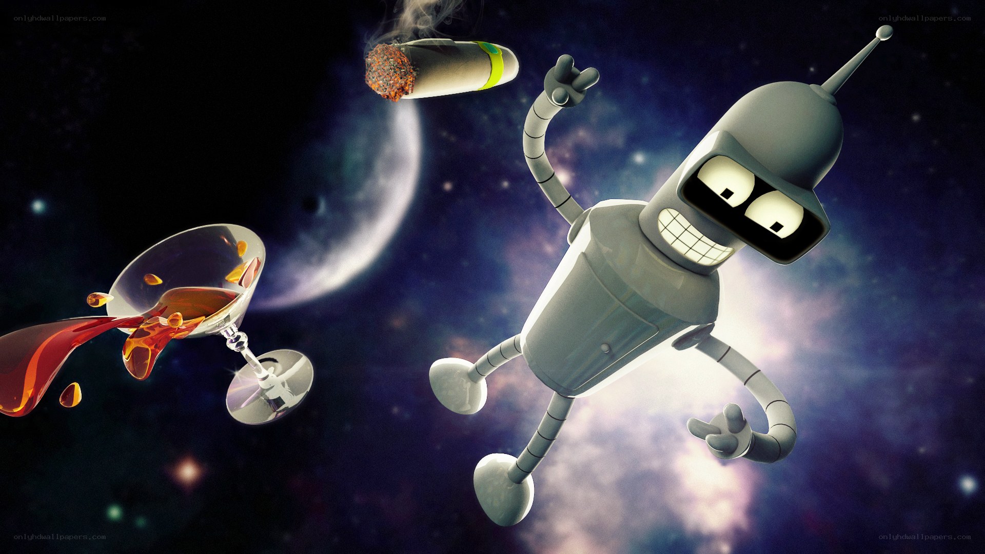 Bender in space with cigar and drink