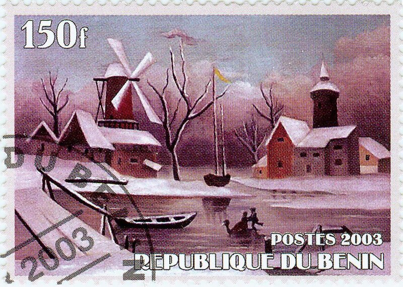 Benin stamp with winter scene