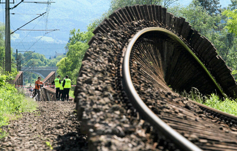 Bent train track on a bridge