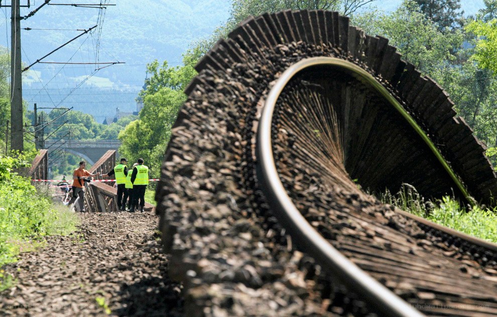 Bent train track on a bridge