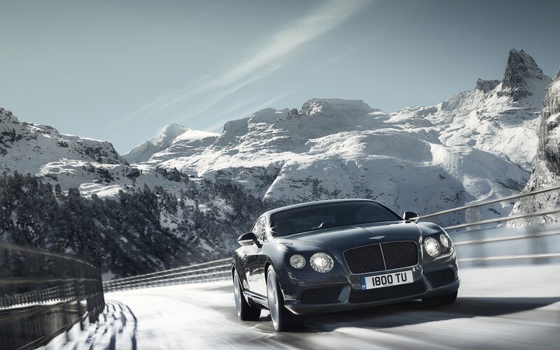 Bentley Continental GT — Gray, Dramatic, Winter, Photograph, Snow-covered Mountains, Bridge