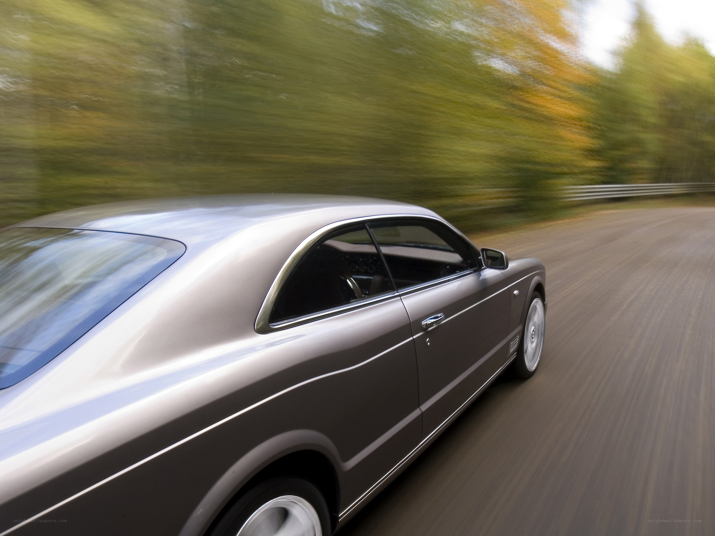 Bentley driving on a forest road
