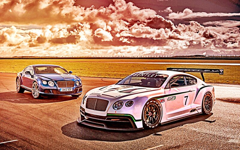 Bentley Race Cars on Track — White, Dramatic, Sunset