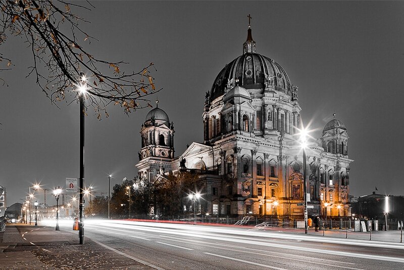 Berlin Cathedral at Night — Black, Dramatic, Photograph, Streetlights