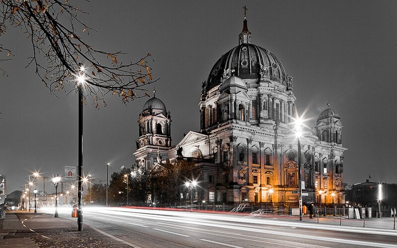 Berlin Cathedral at Night — Black, Dramatic, Photograph