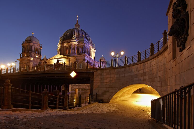 Berlin Cathedral at Night — Blue, Serene, Photograph, Bridge