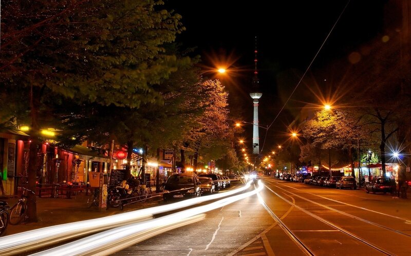 Berlin night street with TV tower