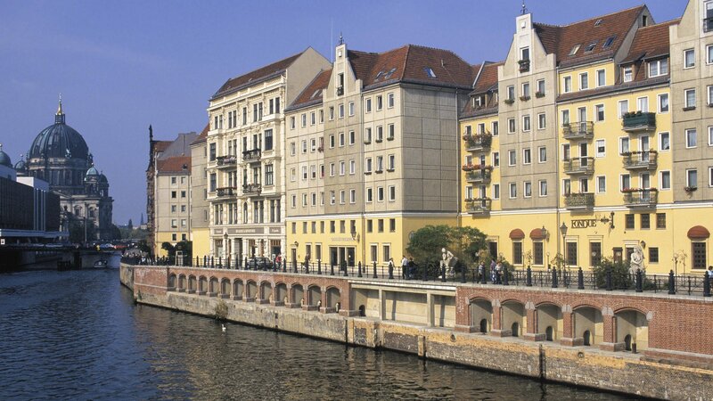 Berlin riverfront with cathedral