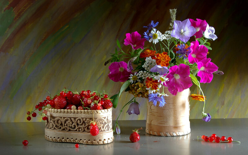 Berries and Flowers in Baskets — Purple