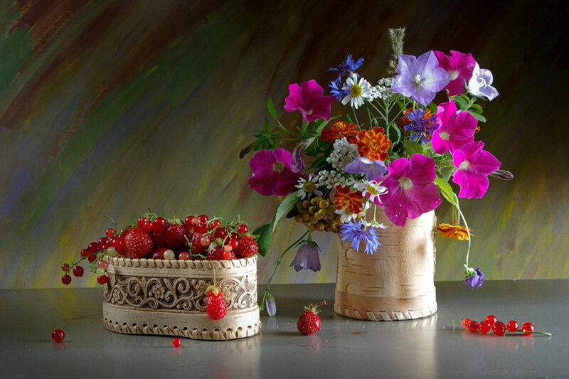 Berries and Flowers in Baskets