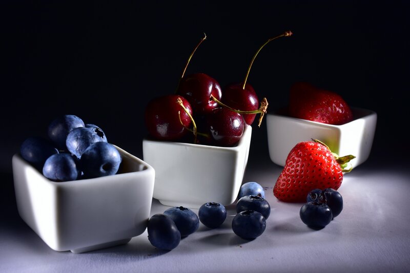 Berries in White Bowls — Dramatic
