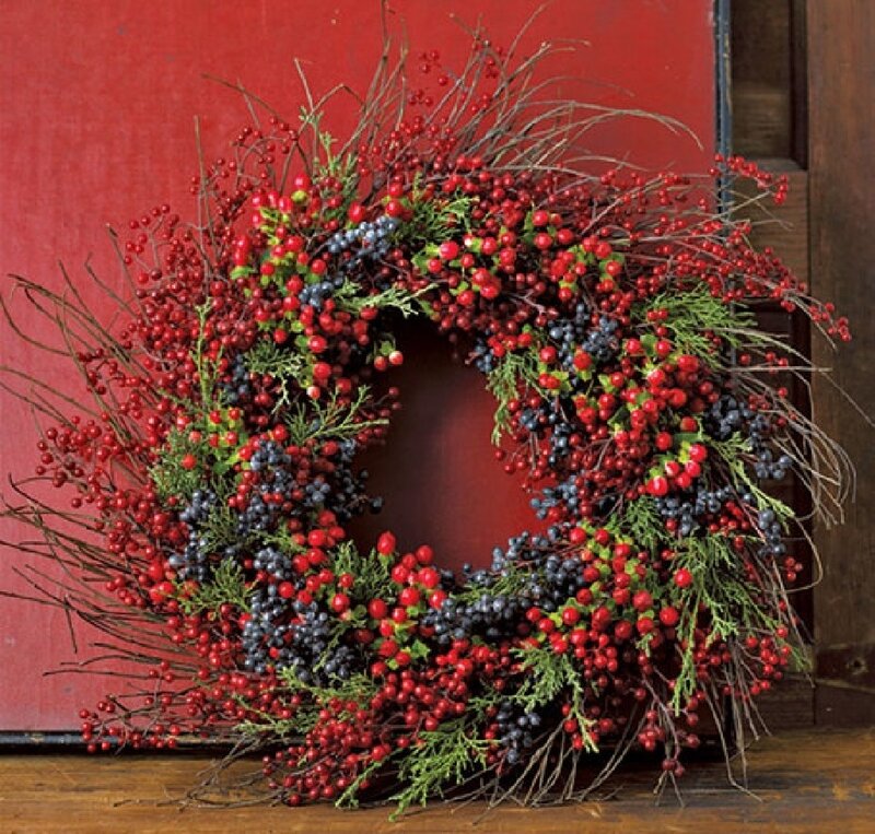 Berry Wreath on Red Wall