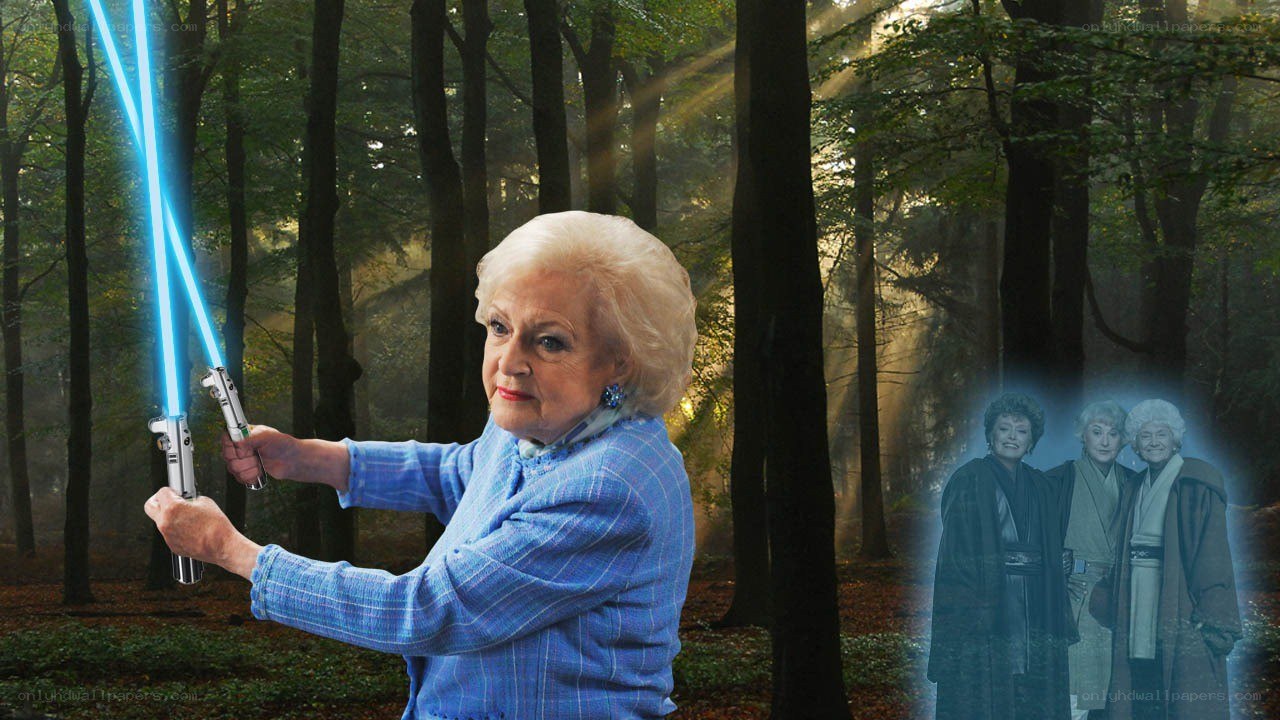 Betty White with lightsabers
