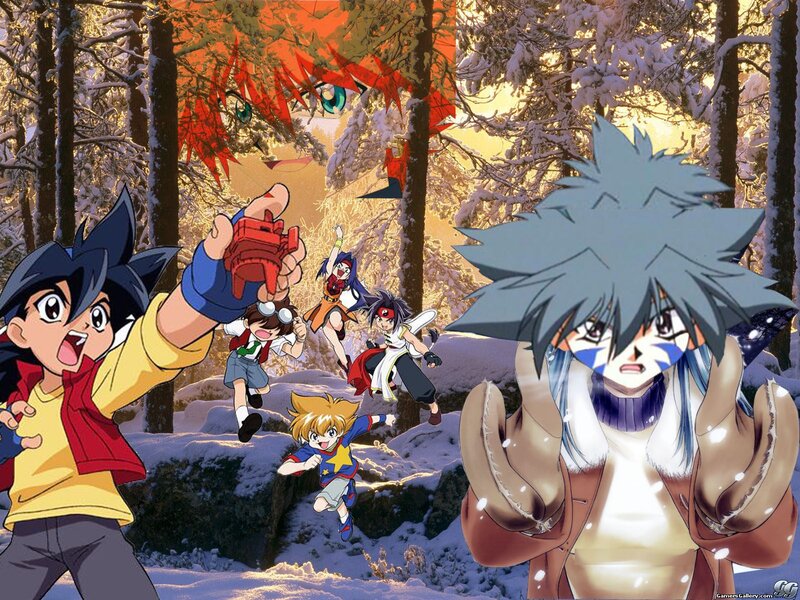 Beyblade characters in snowy forest