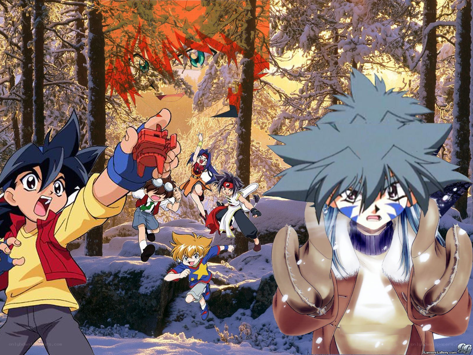 Beyblade characters in snowy forest