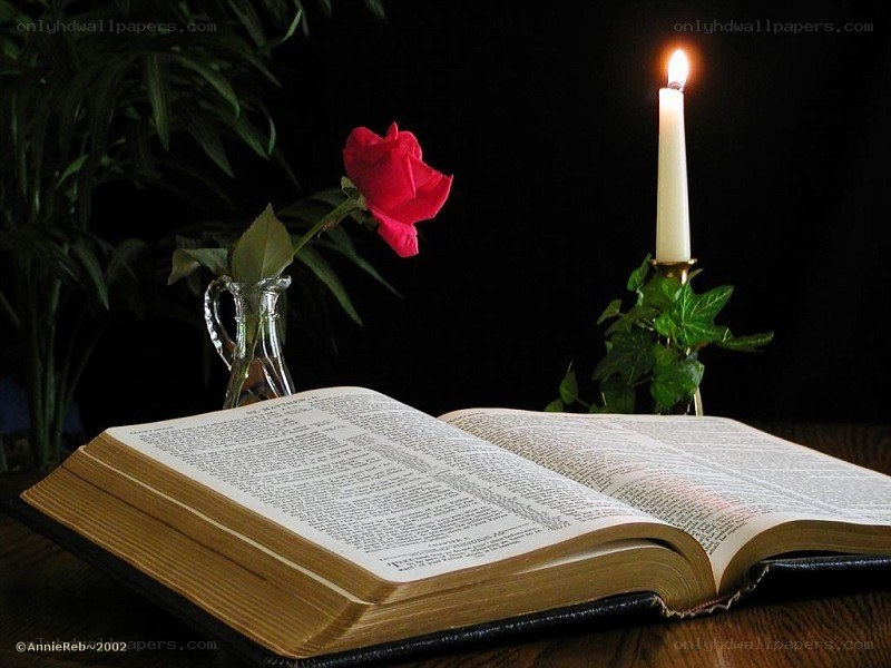 Bible with candle and rose