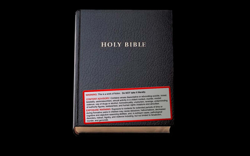 Bible with content warning label
