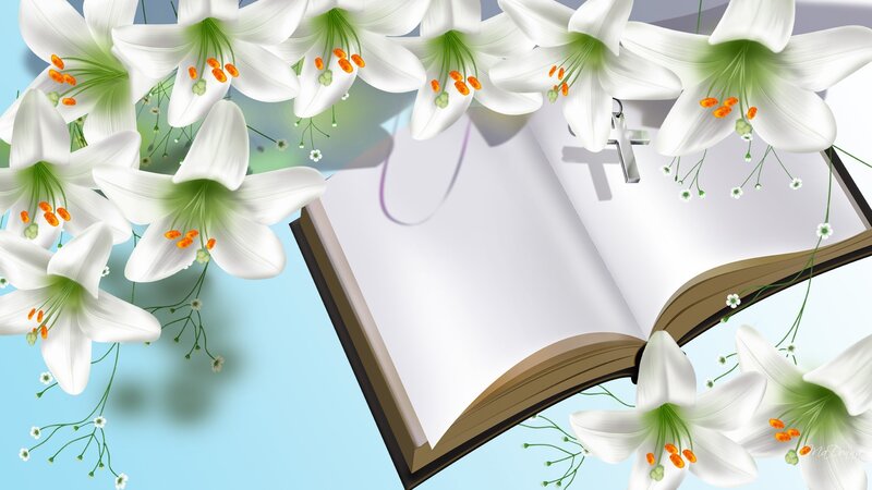 Bible with lilies and cross
