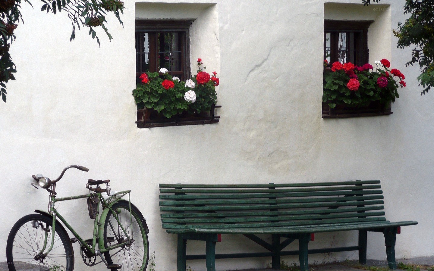 Bicycle and bench by flower boxes