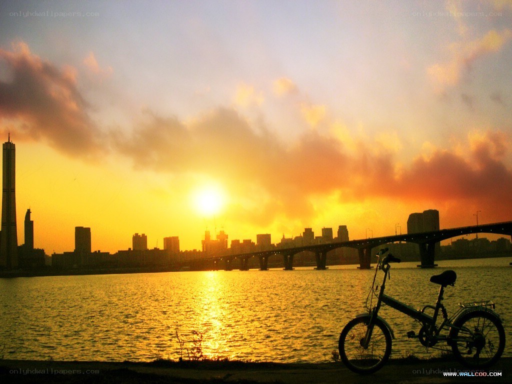 Bicycle at sunset by the river