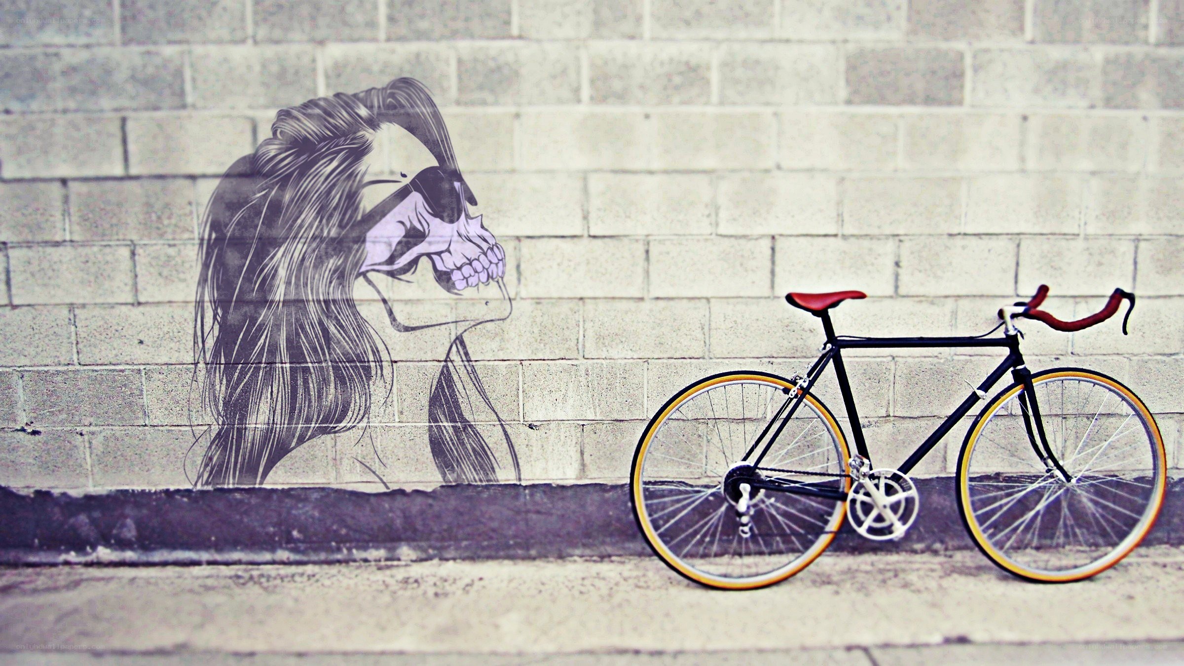 Bicycle beside skull mural