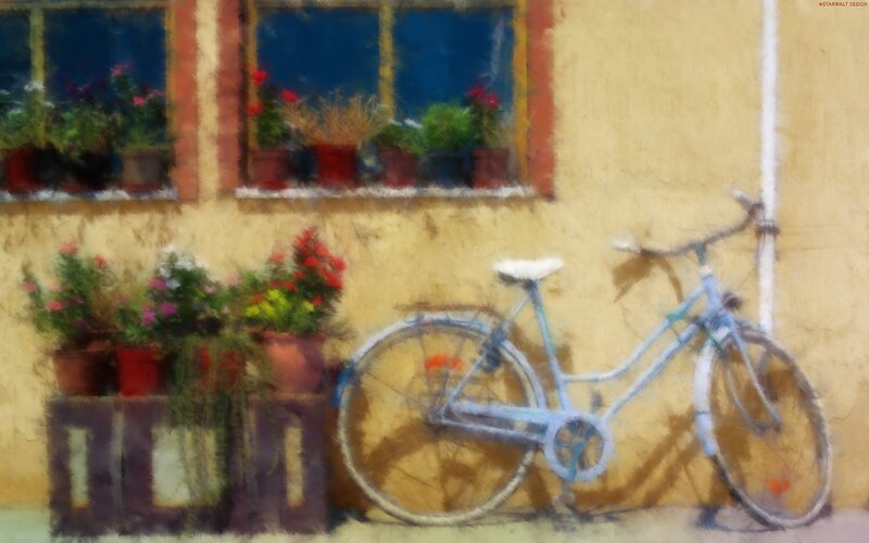 Bicycle by a flowered wall