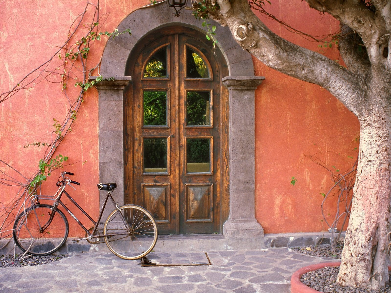 Bicycle by a red-walled door