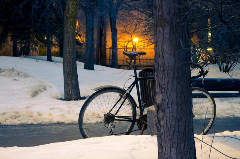 Bicycle in Snow — White, Serene, Night