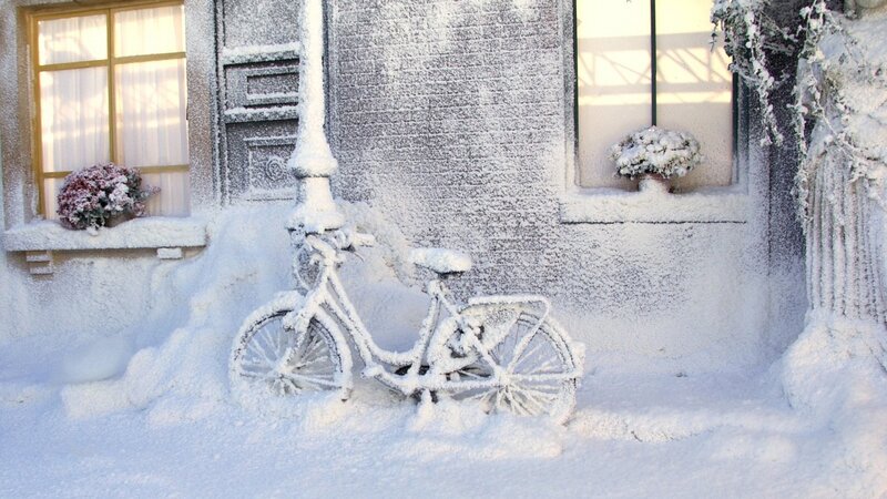 Bicycle in Snow — White, Serene