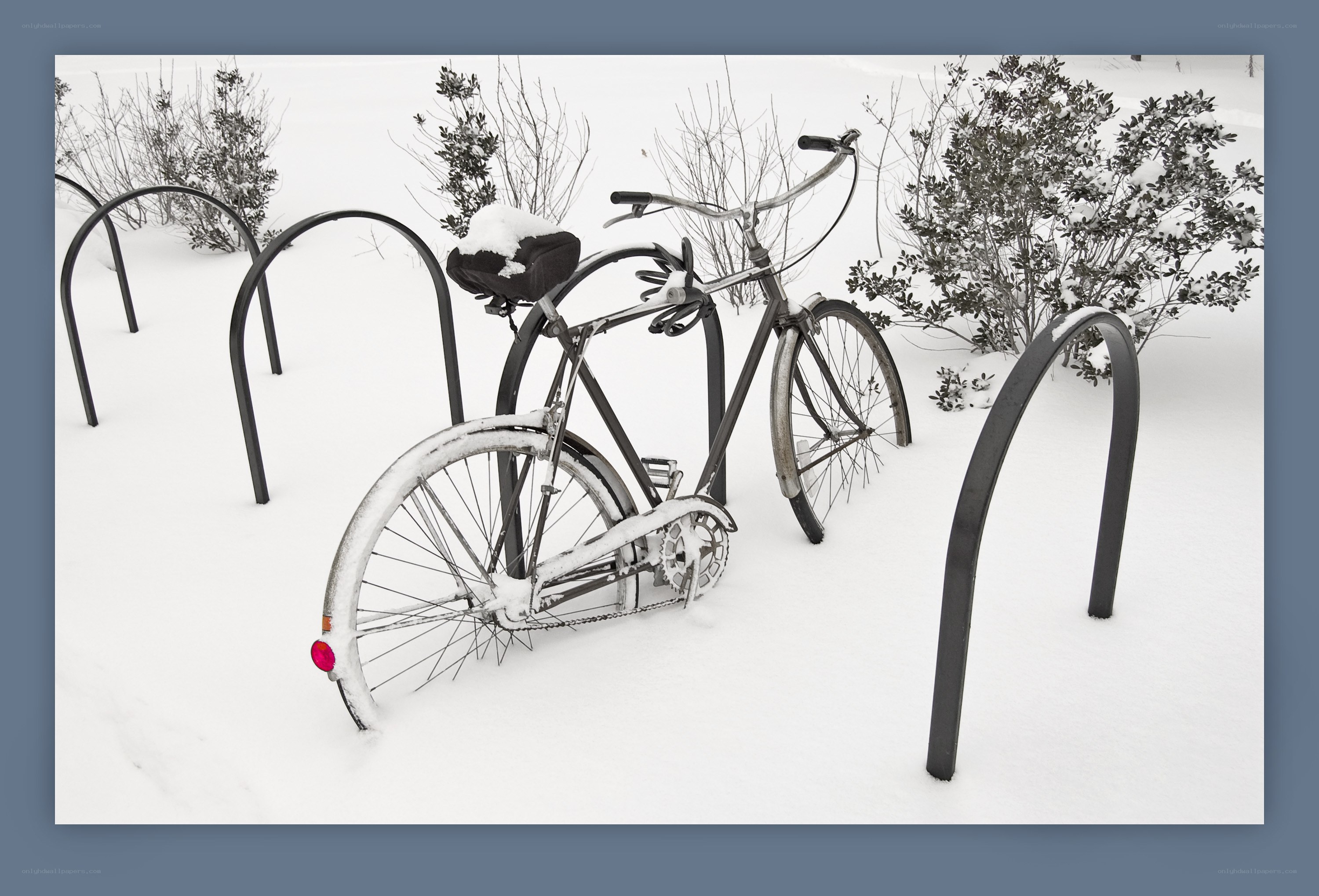 Bicycle in snowy bike rack
