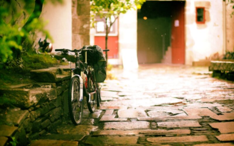 Bicycle on a cobblestone path